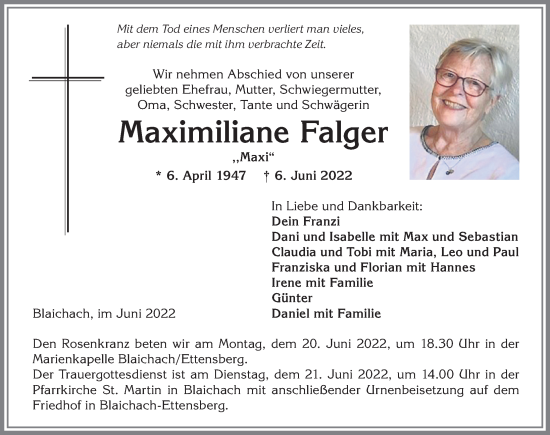 Traueranzeige von Maximiliane Falger von Allgäuer Anzeigeblatt