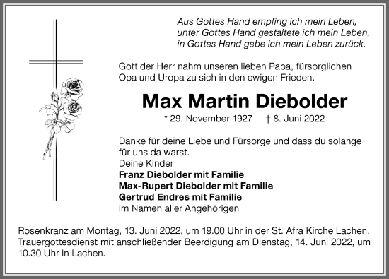 Traueranzeige von Max Martin Diebolder von Memminger Zeitung