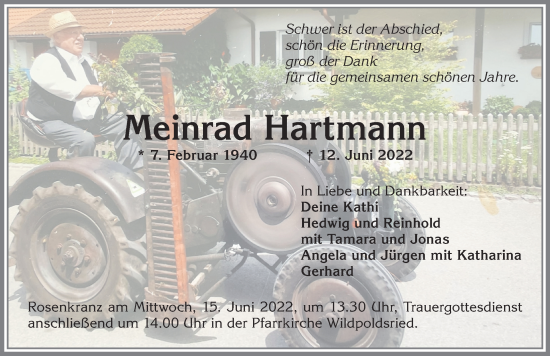 Traueranzeige von Meinrad Hartmann von Allgäuer Zeitung,Kempten
