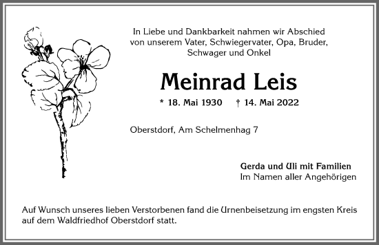 Traueranzeige von Meinrad Leis von Allgäuer Anzeigeblatt