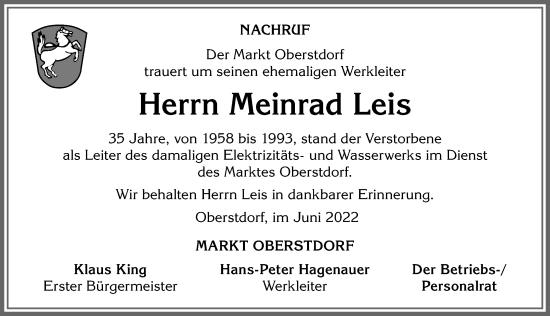 Traueranzeige von Meinrad Leis von Allgäuer Anzeigeblatt