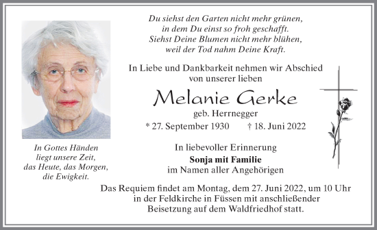 Traueranzeige von Melanie Gerke von Allgäuer Zeitung, Füssen