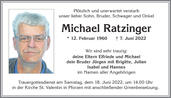 Traueranzeige von Michael Ratzinger von Allgäuer Zeitung, Kaufbeuren/Buchloe