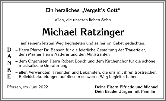 Traueranzeige von Michael Ratzinger von Allgäuer Zeitung, Kaufbeuren/Buchloe