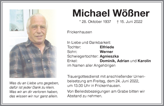 Traueranzeige von Michael Wößner von Memminger Zeitung