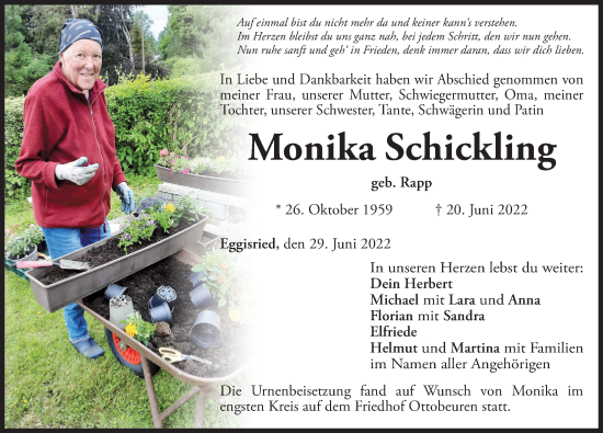Traueranzeige von Monika Schickling von Memminger Zeitung