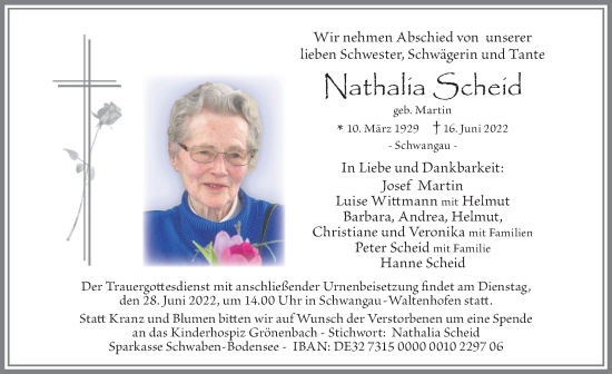 Traueranzeige von Nathalia Scheid von Allgäuer Zeitung, Marktoberdorf