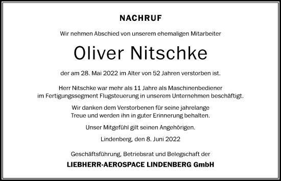 Traueranzeige von Oliver Nitschke von Der Westallgäuer