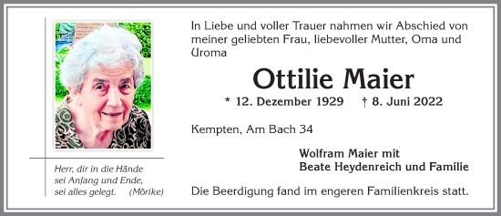 Traueranzeige von Ottilie Maier von Allgäuer Zeitung,Kempten