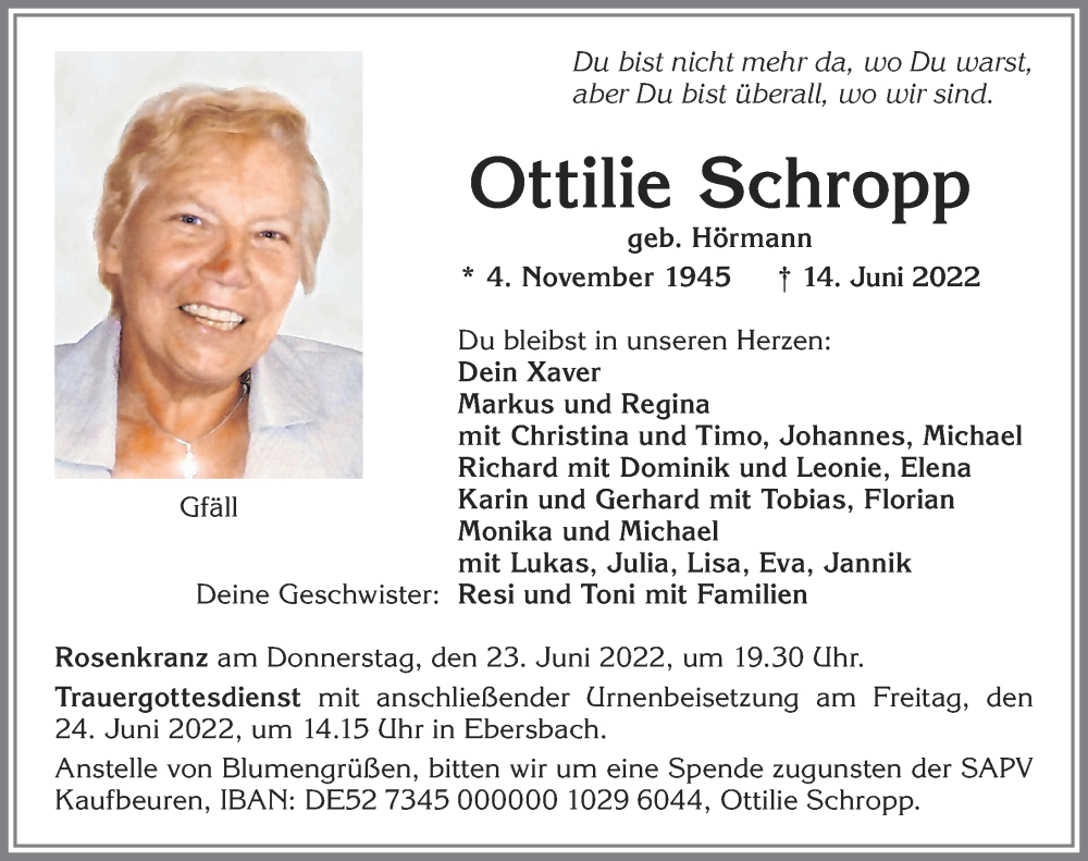  Traueranzeige für Ottilie Schropp vom 21.06.2022 aus Allgäuer Zeitung, Marktoberdorf