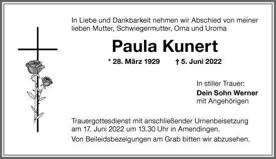 Traueranzeige von Paula Kunert von Memminger Zeitung