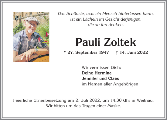 Traueranzeige von Pauli Zoltek von Allgäuer Zeitung,Kempten