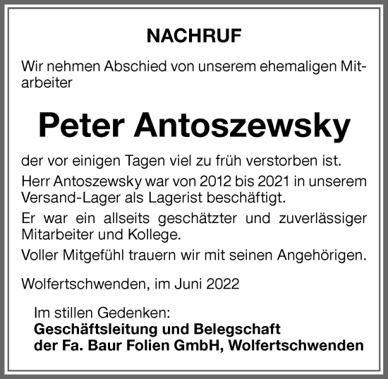 Traueranzeige von Peter Antoszewsky von Memminger Zeitung