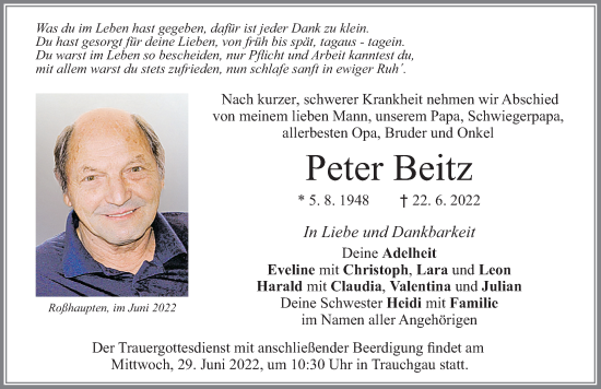 Traueranzeige von Peter Beitz von Allgäuer Zeitung, Füssen