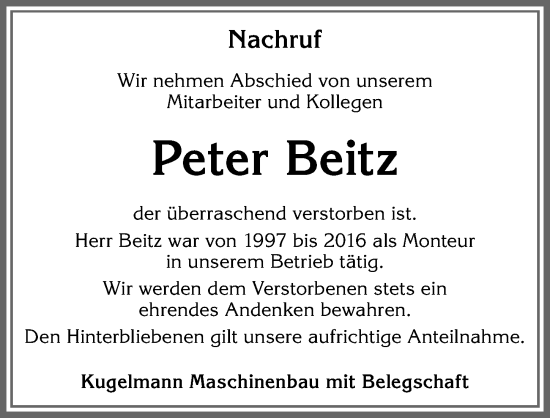 Traueranzeige von Peter Beitz von Allgäuer Zeitung, Füssen