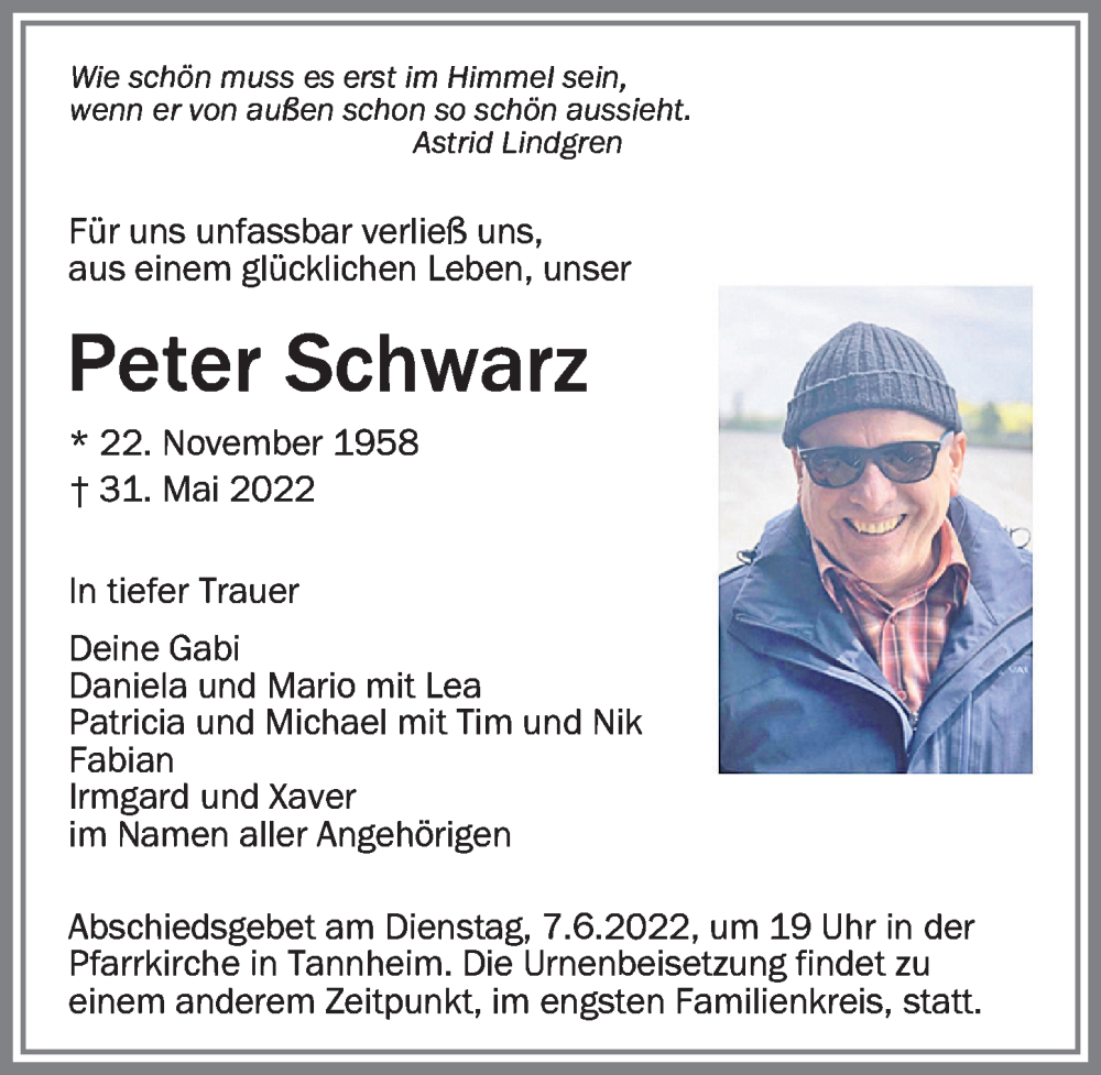  Traueranzeige für Peter Schwarz vom 04.06.2022 aus Memminger Zeitung