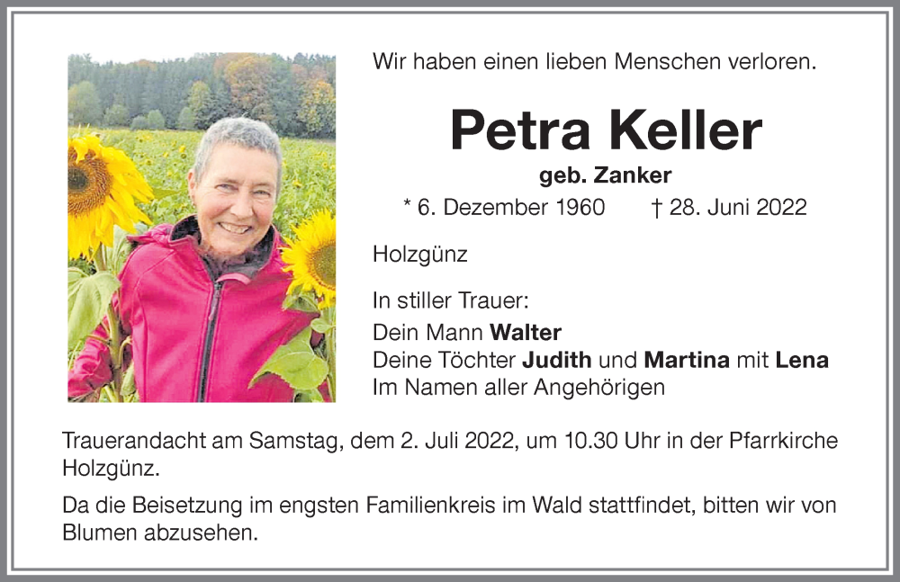  Traueranzeige für Petra Keller vom 30.06.2022 aus Memminger Zeitung
