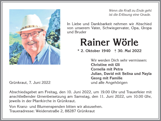 Traueranzeige von Rainer Wörle von Allgäuer Anzeigeblatt