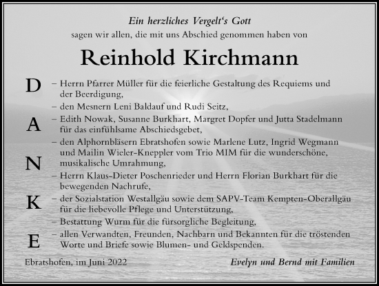 Traueranzeige von Reinhold Kirchmann von Der Westallgäuer