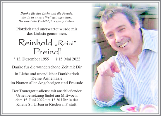 Traueranzeige von Reinhold Preindl von Allgäuer Zeitung, Füssen