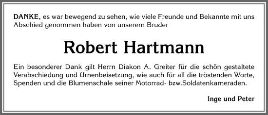 Traueranzeige von Robert Hartmann von Allgäuer Zeitung, Kaufbeuren/Buchloe