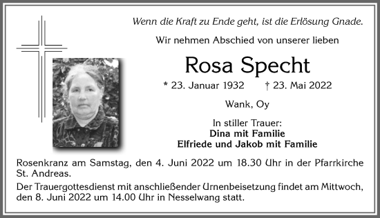 Traueranzeige von Rosa Specht von Allgäuer Zeitung, Füssen