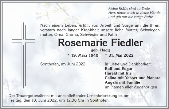 Traueranzeige von Rosemarie Fiedler von Allgäuer Anzeigeblatt
