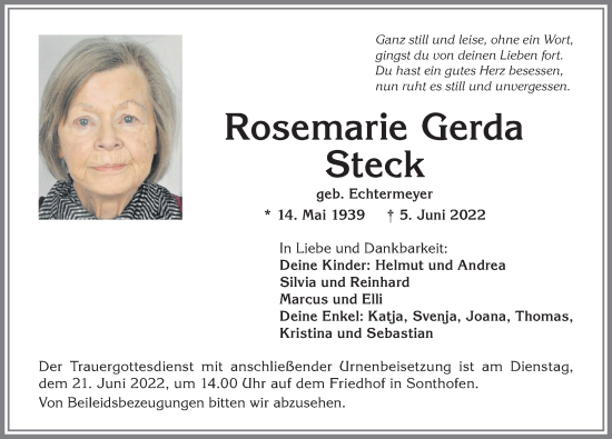 Traueranzeige von Rosemarie Gerda Steck von Allgäuer Anzeigeblatt
