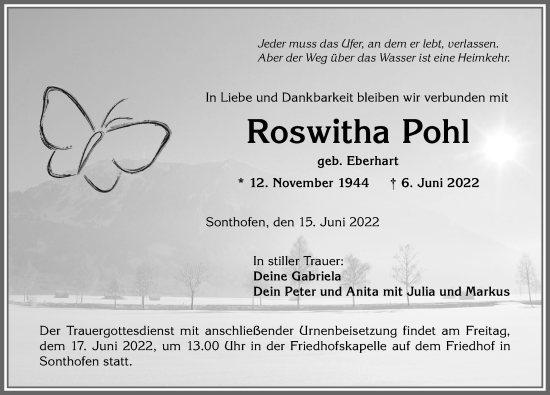 Traueranzeige von Roswitha Pohl von Allgäuer Anzeigeblatt
