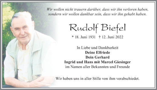 Traueranzeige von Rudolf Biefel von Allgäuer Zeitung, Füssen