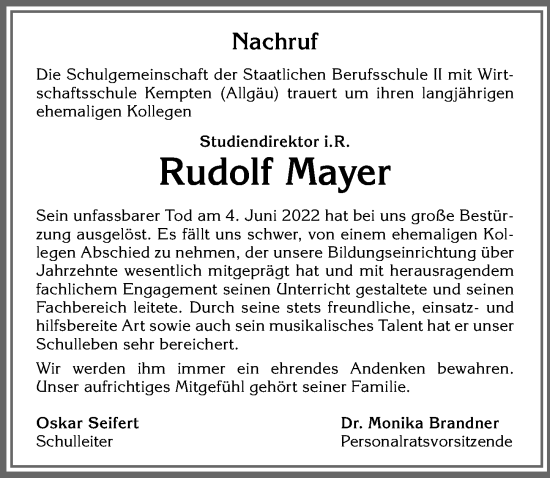 Traueranzeige von Rudolf Mayer von Allgäuer Zeitung,Kempten