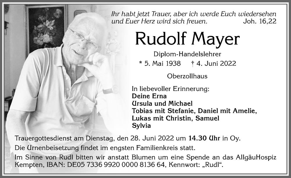  Traueranzeige für Rudolf Mayer vom 24.06.2022 aus Allgäuer Zeitung,Kempten