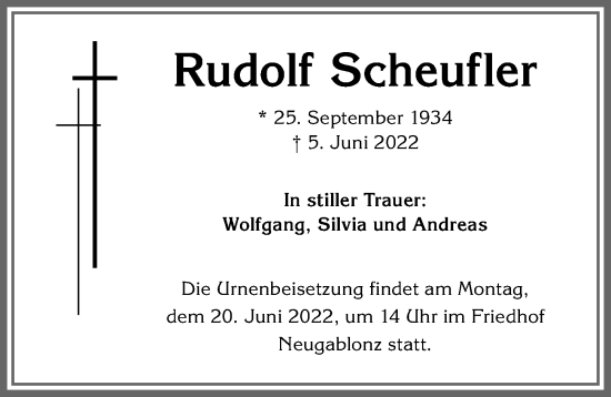 Traueranzeige von Rudolf Scheufler von Allgäuer Zeitung, Kaufbeuren/Buchloe