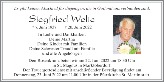 Traueranzeige von Siegfried Welte von Allgäuer Zeitung, Marktoberdorf
