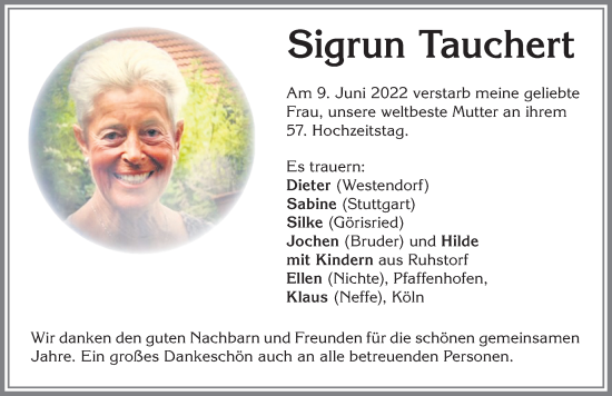 Traueranzeige von Sigrun Tauchert von Allgäuer Zeitung, Kaufbeuren/Buchloe