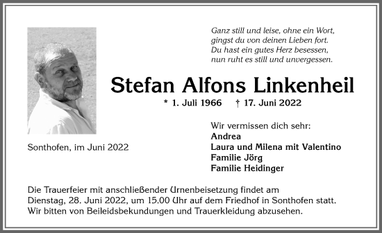 Traueranzeige von Stefan Alfons Linkenheil von Allgäuer Anzeigeblatt