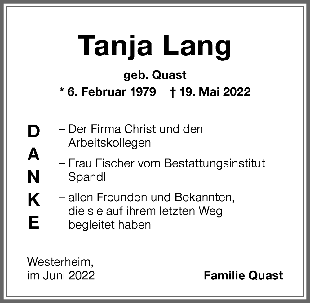  Traueranzeige für Tanja Lang vom 04.06.2022 aus Memminger Zeitung
