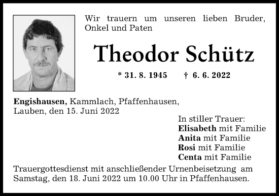 Traueranzeige von Theodor Schütz von Augsburger Allgemeine, Mindelheimer Zeitung