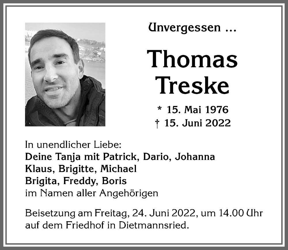  Traueranzeige für Thomas Treske vom 21.06.2022 aus Allgäuer Zeitung,Kempten