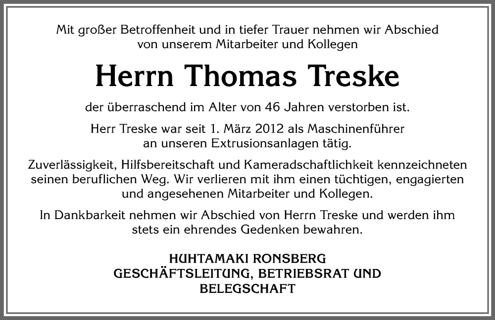  Traueranzeige für Thomas Treske vom 23.06.2022 aus Allgäuer Zeitung,Kempten