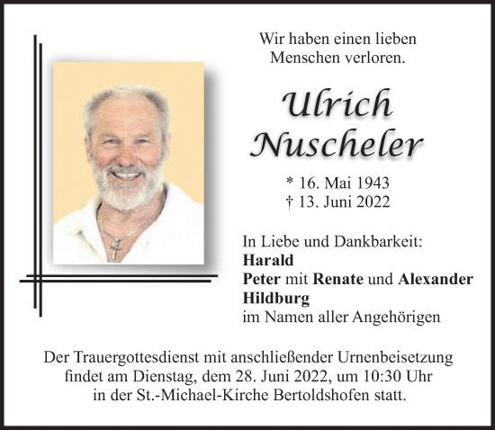 Traueranzeige von Ulrich Nuscheler von Allgäuer Zeitung, Marktoberdorf
