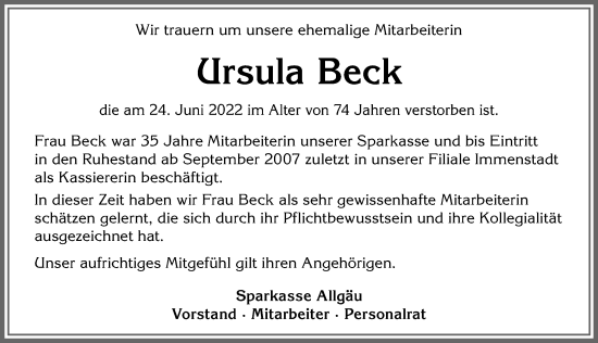 Traueranzeige von Ursula Beck von Allgäuer Anzeigeblatt