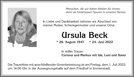 Traueranzeige von Ursula Beck von Allgäuer Anzeigeblatt