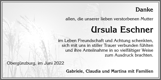 Traueranzeige von Ursula Eschner von Allgäuer Zeitung, Marktoberdorf