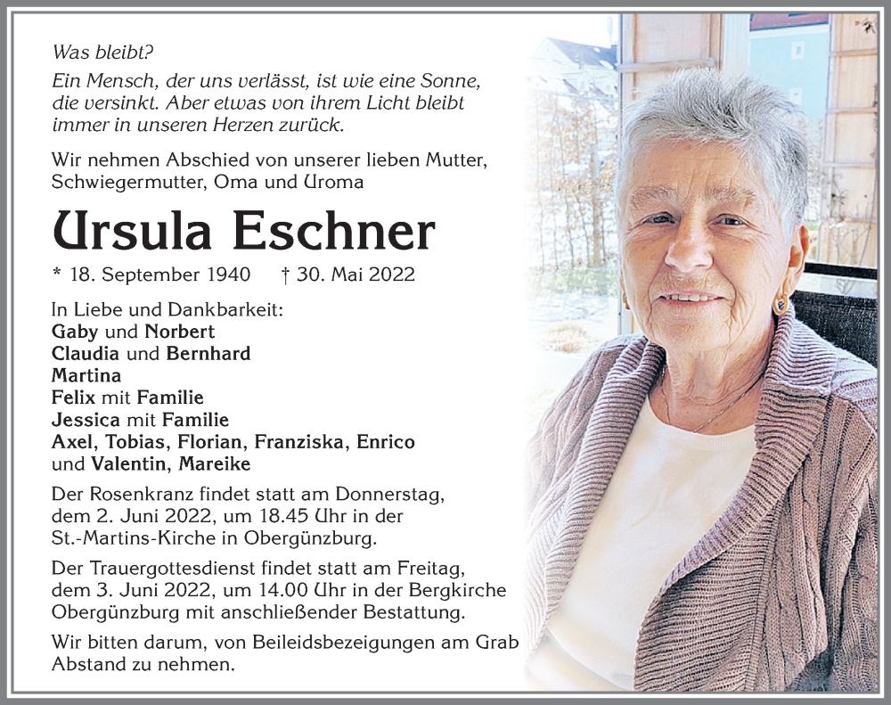  Traueranzeige für Ursula Eschner vom 01.06.2022 aus Allgäuer Zeitung, Marktoberdorf