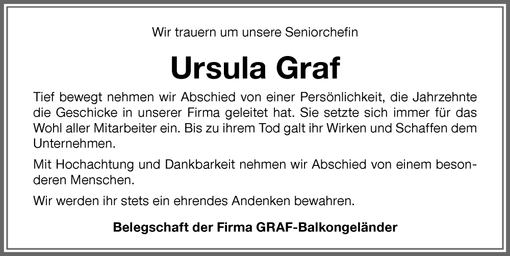  Traueranzeige für Ursula Graf vom 30.06.2022 aus Memminger Zeitung
