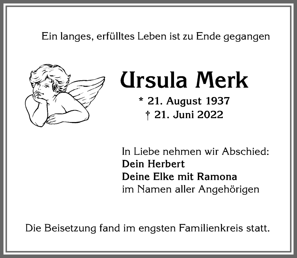  Traueranzeige für Ursula Merk vom 29.06.2022 aus Allgäuer Anzeigeblatt