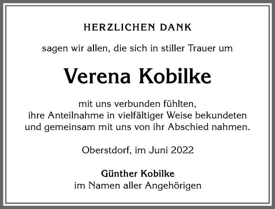 Traueranzeige von Verena Kobilke von Allgäuer Anzeigeblatt