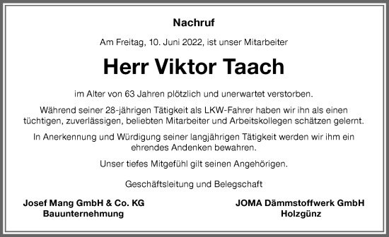 Traueranzeige von Viktor Taach von Memminger Zeitung