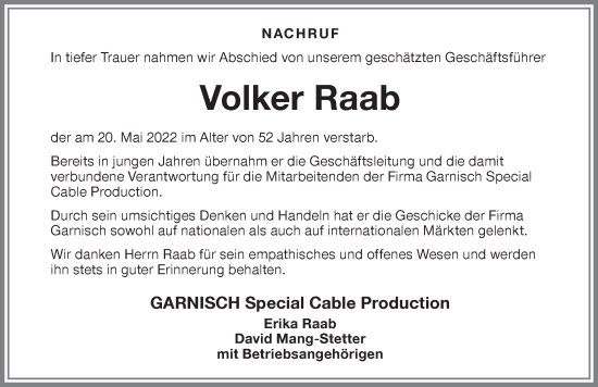 Traueranzeige von Volker Raab von Memminger Zeitung